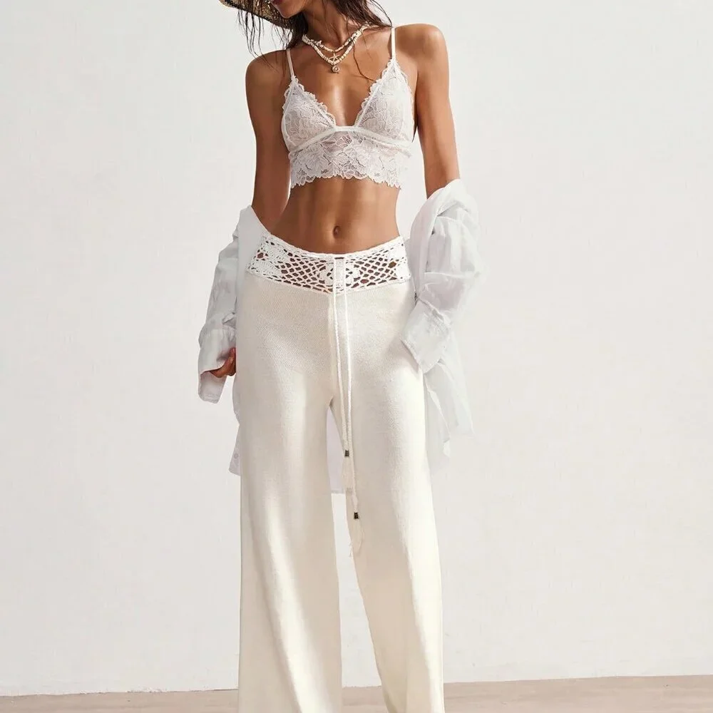 White Elegant Women's Boho Vacation Style Crocheted Waist Tie Knitted Pants